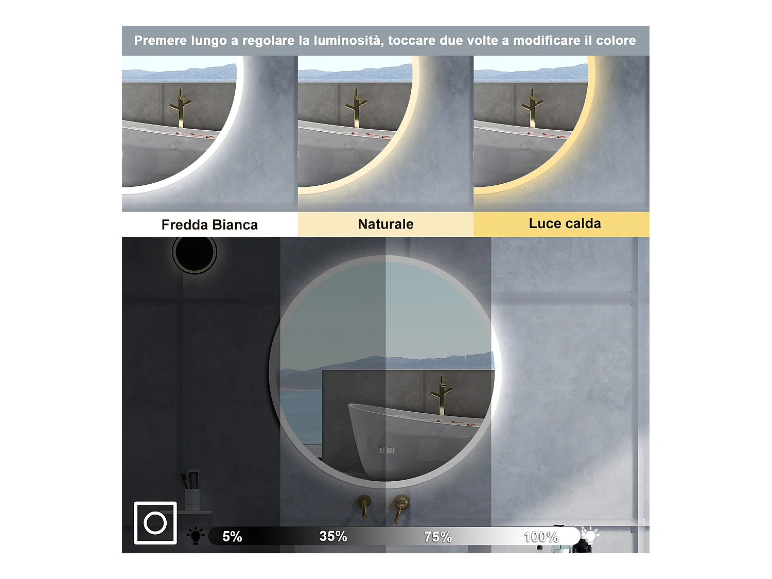 Specchio da bagno Rotondo con 80cm,Blue tooth,3 colori,Memoria, Antifog,Regorabile,Retroilluminato,doppio interruttore,