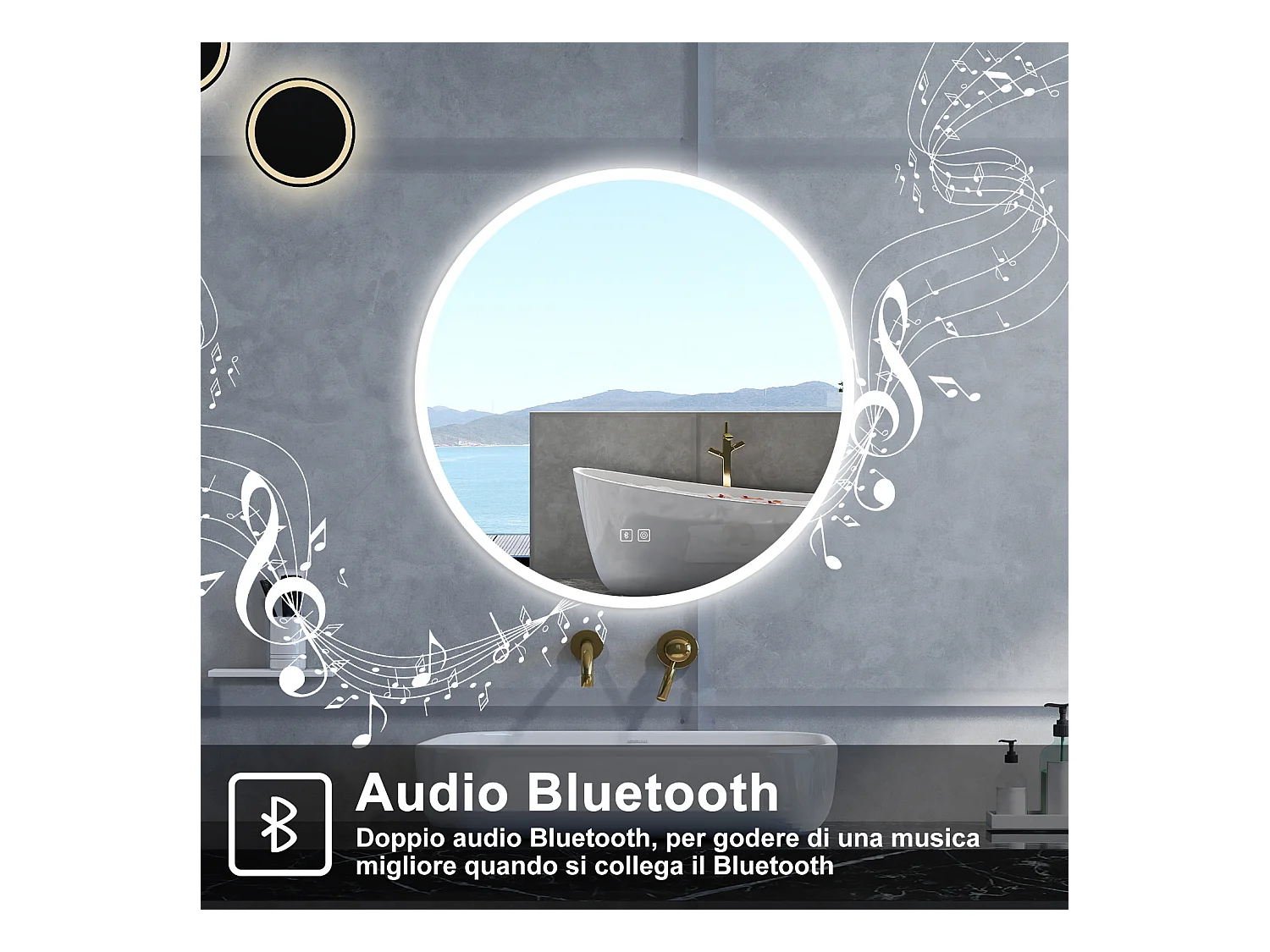 Specchio da bagno Rotondo con 80cm,Blue tooth,3 colori,Memoria, Antifog,Regorabile,Retroilluminato,doppio interruttore,