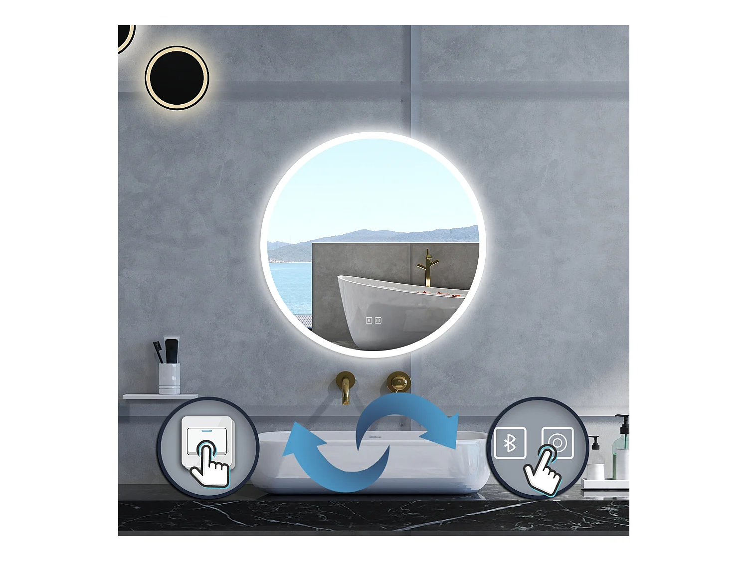 Specchio da bagno Rotondo con 80cm,Blue tooth,3 colori,Memoria, Antifog,Regorabile,Retroilluminato,doppio interruttore,