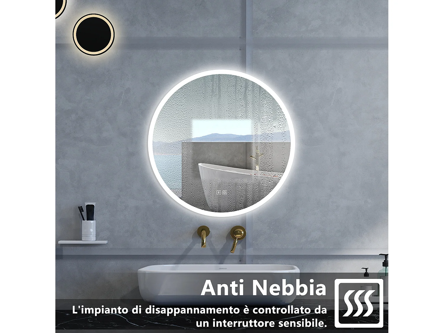 Specchio da bagno Rotondo con 80cm,Blue tooth,3 colori,Memoria, Antifog,Regorabile,Retroilluminato,doppio interruttore,