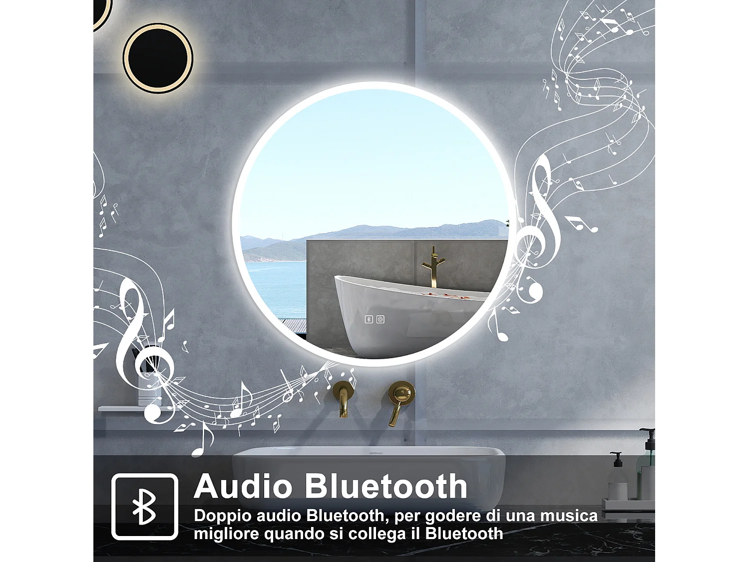 Specchio da bagno Rotondo con 80cm,Blue tooth,3 colori,Memoria, Antifog,Regorabile,Retroilluminato,doppio interruttore,