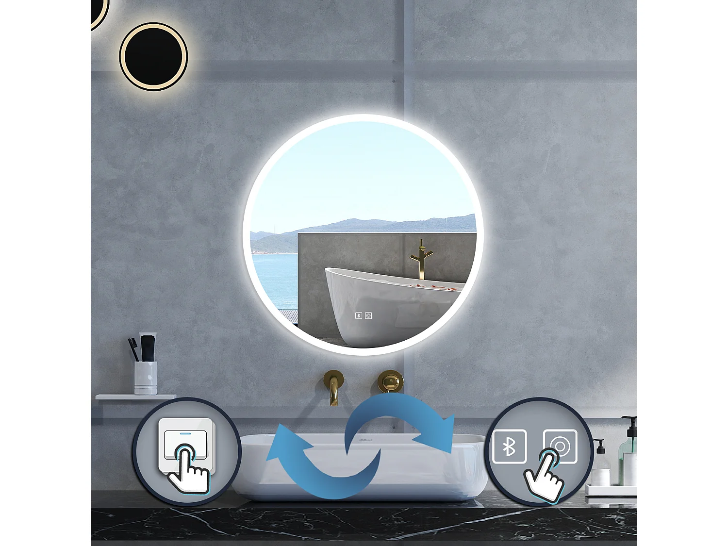 Specchio da bagno Rotondo con 80cm,Blue tooth,3 colori,Memoria, Antifog,Regorabile,Retroilluminato,doppio interruttore,