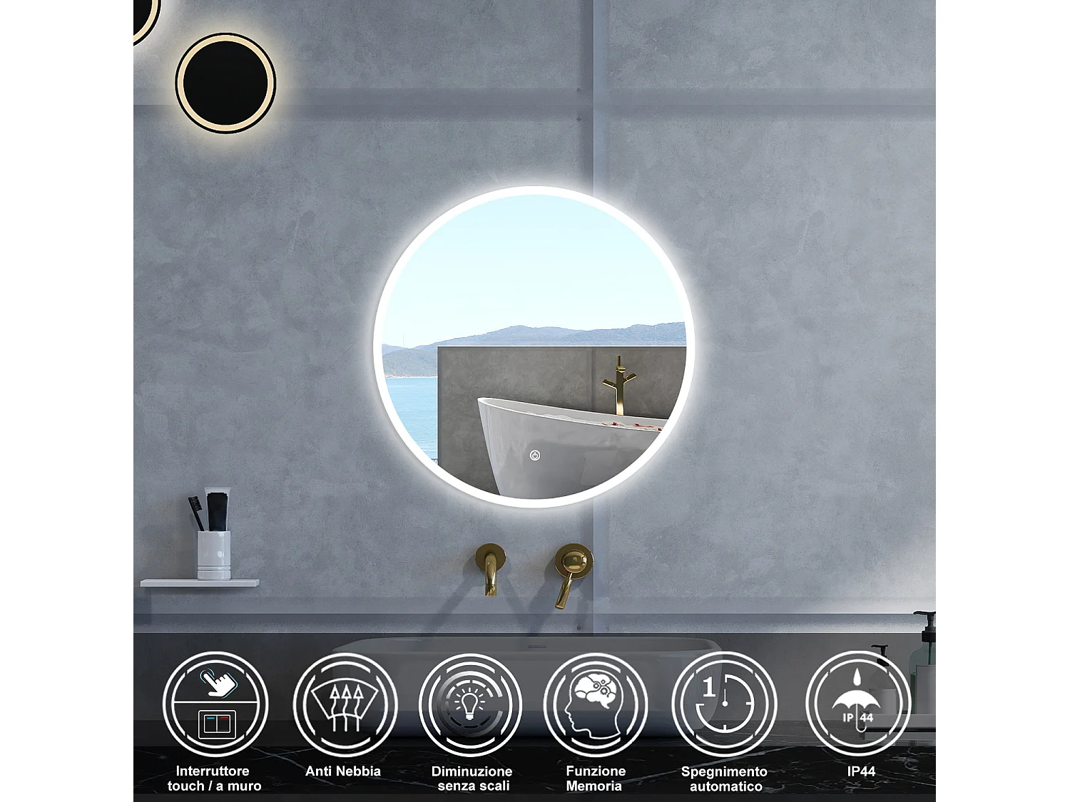 Specchio da bagno Rotondo con 120cm,Memoria, Antifog,Regorabile,Retroilluminato,doppio interruttore,