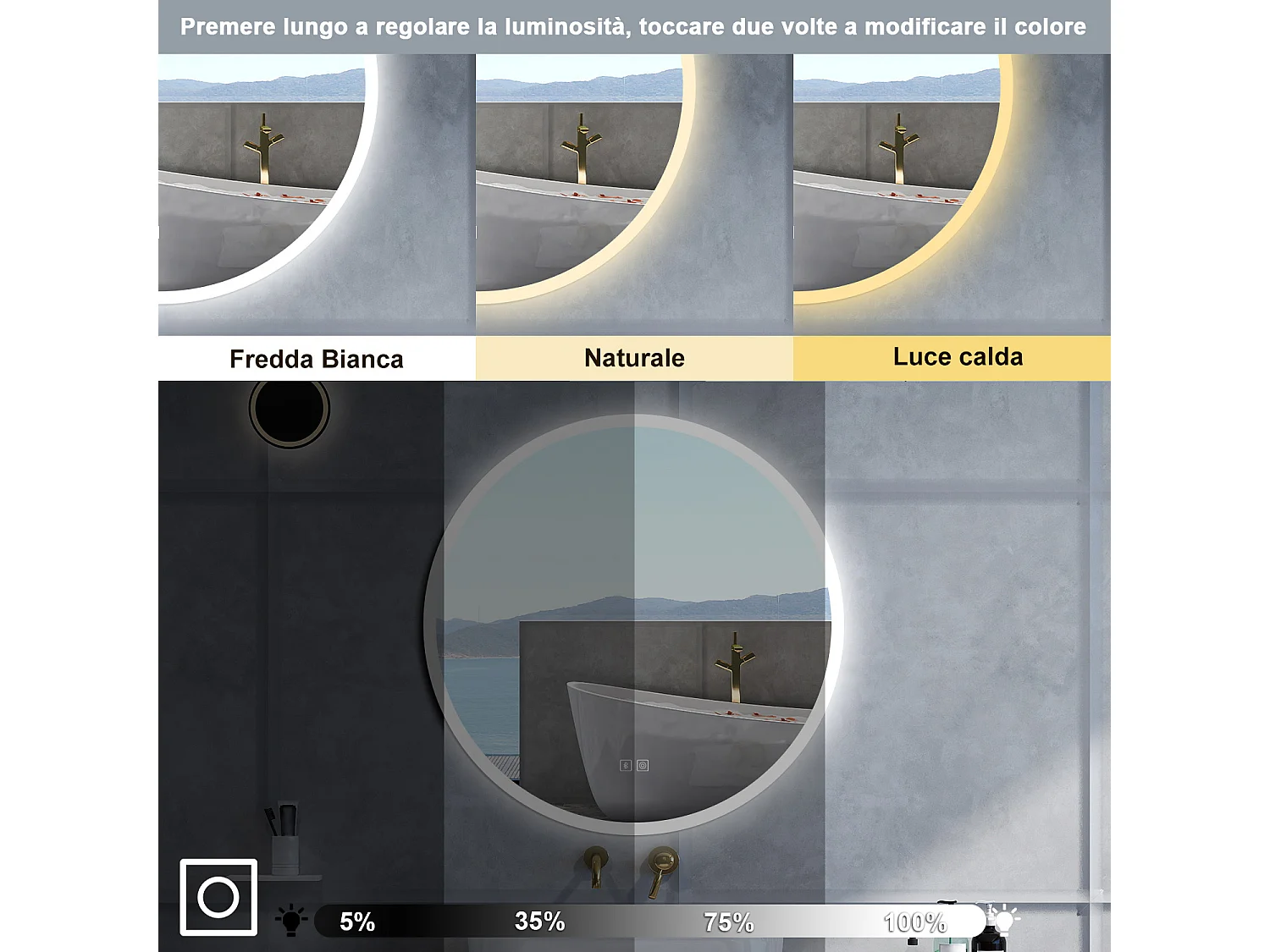 Specchio da bagno Rotondo con 70cm,Blue tooth,3 colori,Memoria, Antifog,Regorabile,Retroilluminato,doppio interruttore,