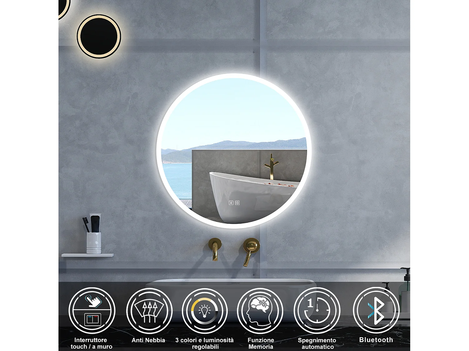Specchio da bagno Rotondo con 70cm,Blue tooth,3 colori,Memoria, Antifog,Regorabile,Retroilluminato,doppio interruttore,