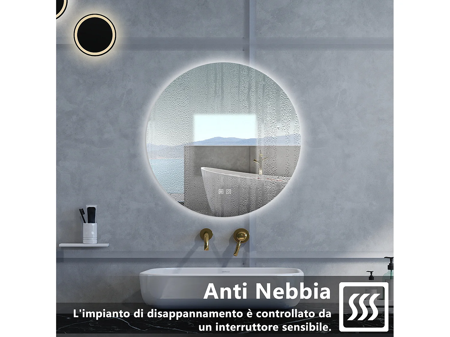 Specchio da bagno Rotondo con 70cm,3 colori,Memoria, Antifog,Regorabile,Retroilluminato,doppio interruttore,