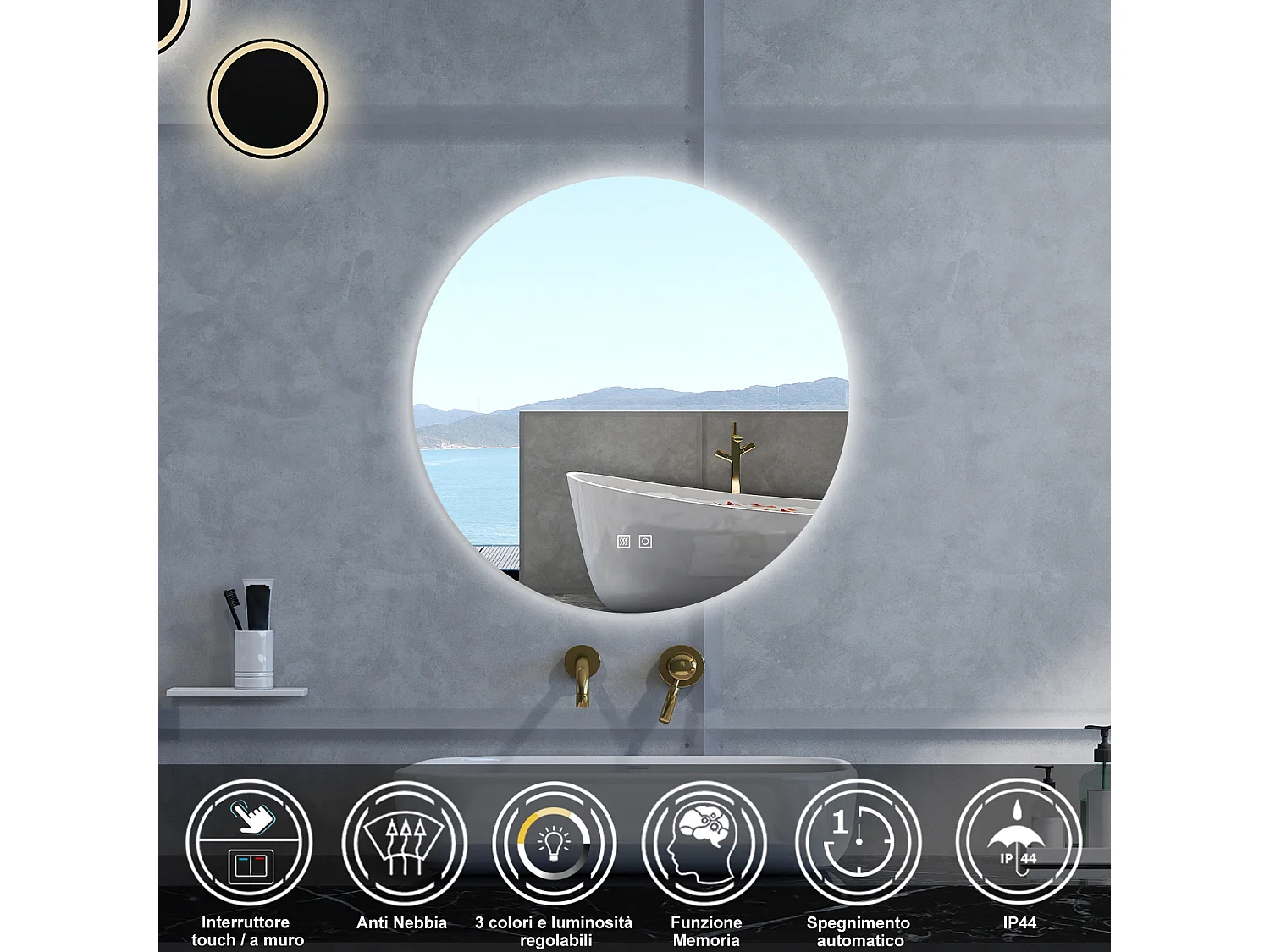 Specchio da bagno Rotondo con 70cm,3 colori,Memoria, Antifog,Regorabile,Retroilluminato,doppio interruttore,
