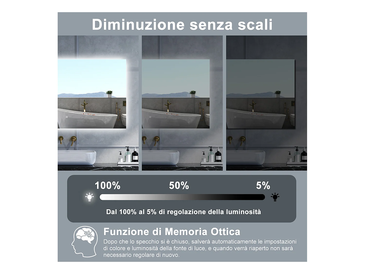 Specchio da bagno Rettangolare con 100x60cm,Memoria, Antifog,Regorabile,Retroilluminato,doppio interruttore,