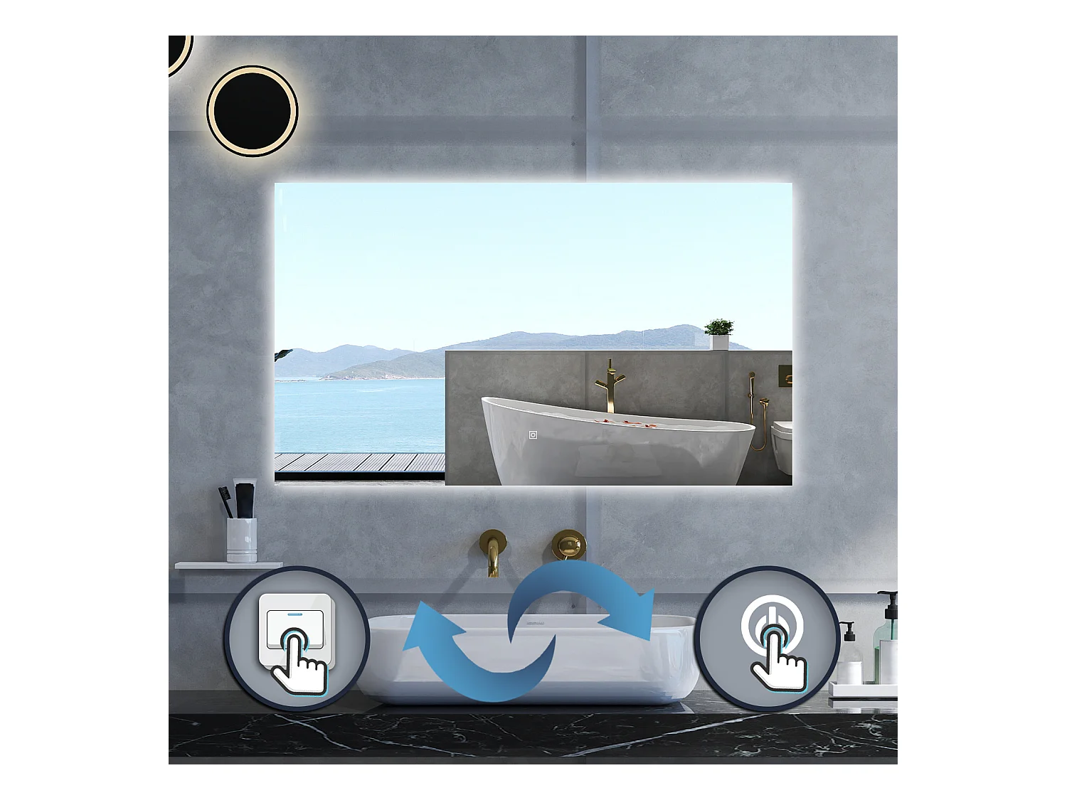 Specchio da bagno Rettangolare con 100x60cm,Memoria, Antifog,Regorabile,Retroilluminato,doppio interruttore,