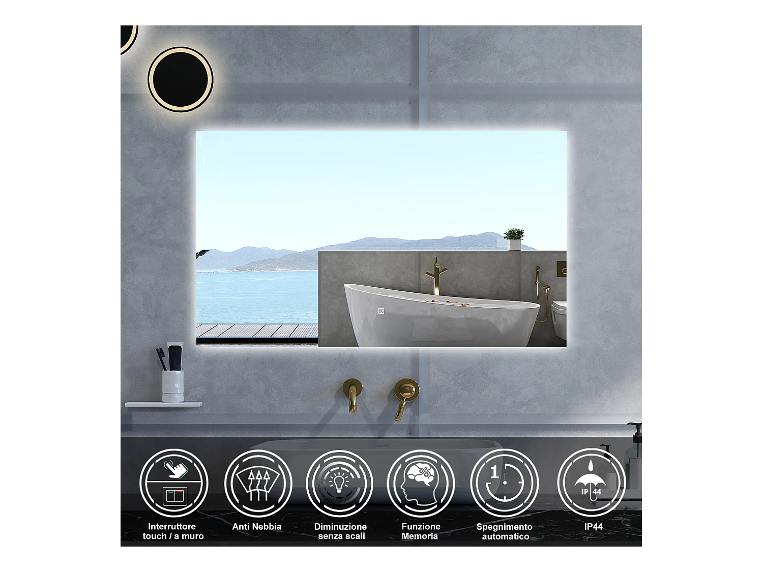 Specchio da bagno Rettangolare con 100x60cm,Memoria, Antifog,Regorabile,Retroilluminato,doppio interruttore,