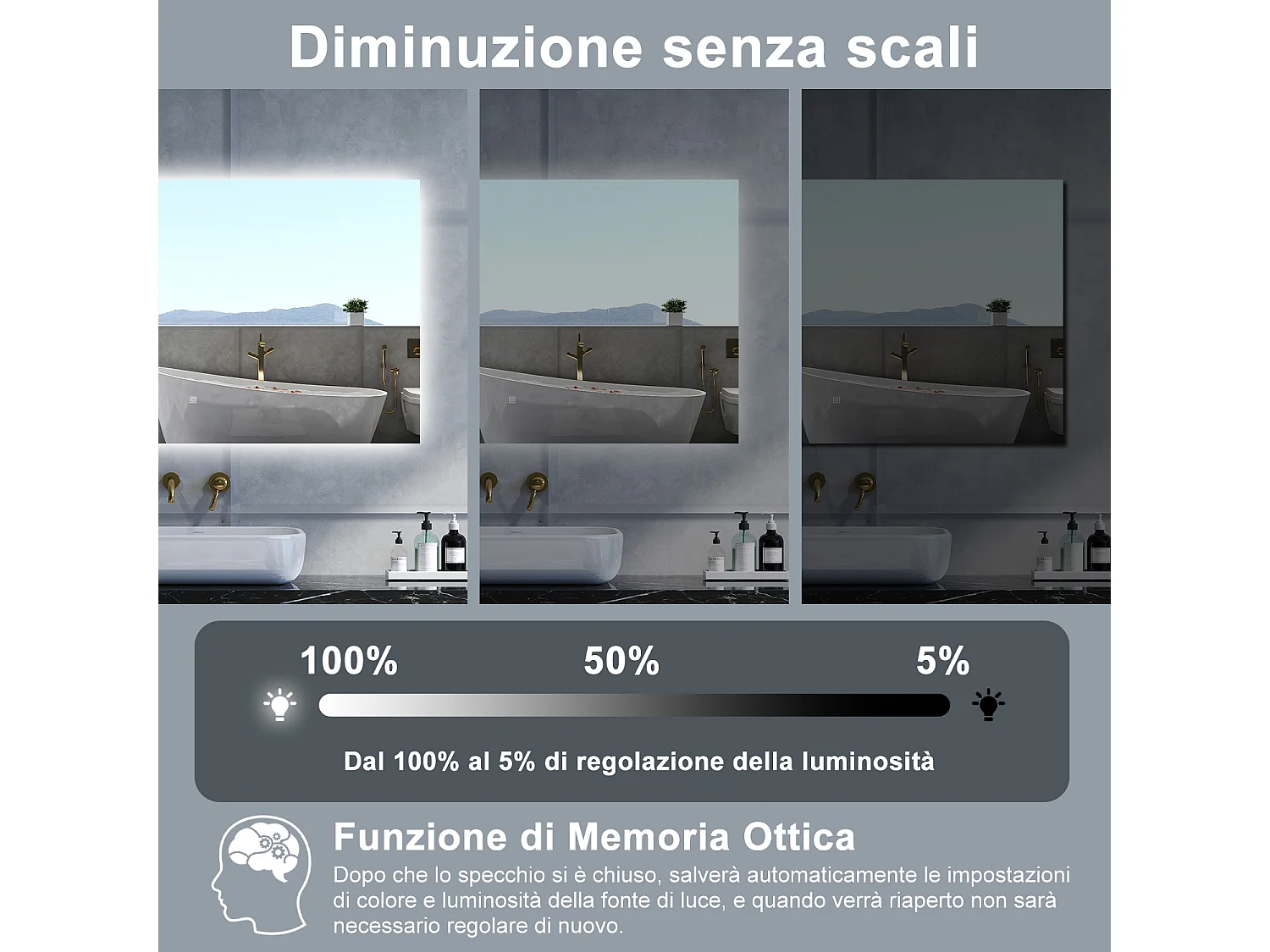Specchio da bagno Rettangolare con 100x60cm,Memoria, Antifog,Regorabile,Retroilluminato,doppio interruttore,