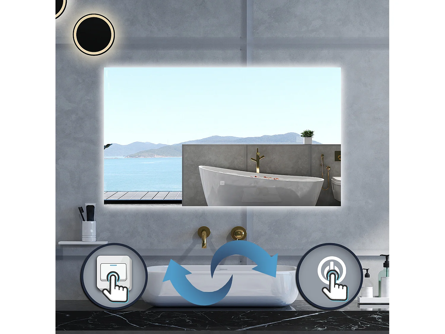 Specchio da bagno Rettangolare con 100x60cm,Memoria, Antifog,Regorabile,Retroilluminato,doppio interruttore,