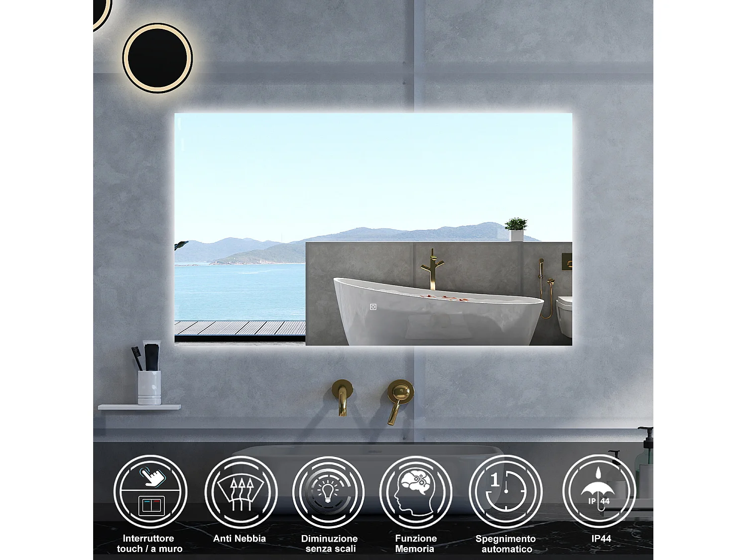 Specchio da bagno Rettangolare con 100x60cm,Memoria, Antifog,Regorabile,Retroilluminato,doppio interruttore,