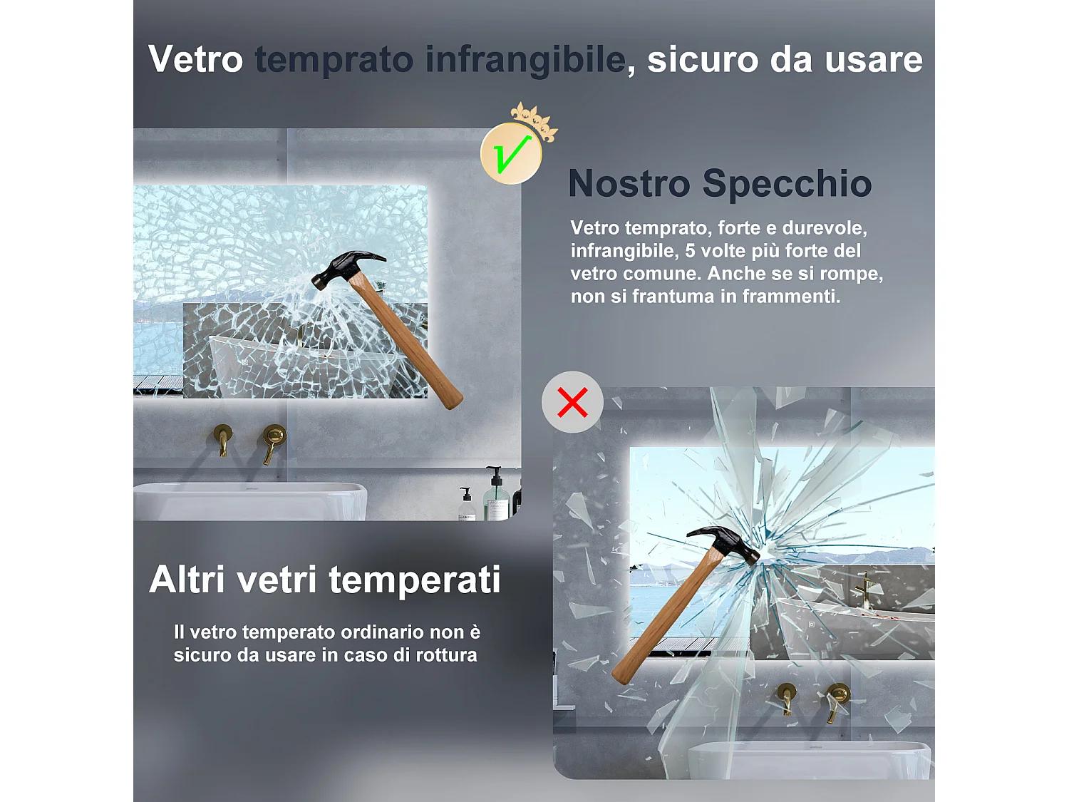 Specchio da bagno Rettangolare con 100x60cm,Memoria, Antifog,Regorabile,Retroilluminato,doppio interruttore,