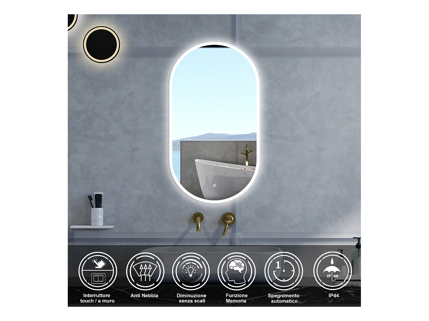 Specchio da bagno Ovale con 50x90cm,Memoria, Antifog,Regorabile,Retroilluminato,doppio interruttore,