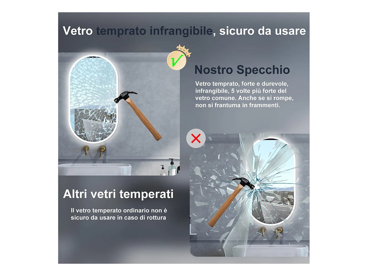 Specchio da bagno Ovale con 50x90cm,Memoria, Antifog,Regorabile,Retroilluminato,doppio interruttore,