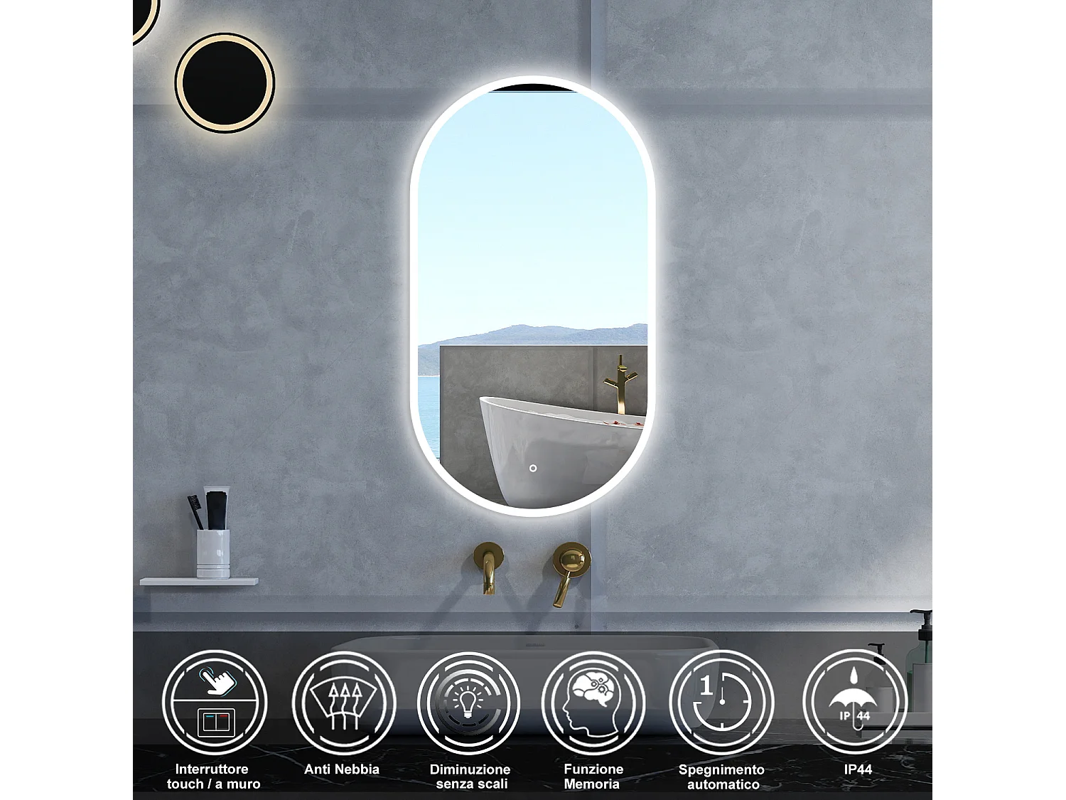 Specchio da bagno Ovale con 50x90cm,Memoria, Antifog,Regorabile,Retroilluminato,doppio interruttore,