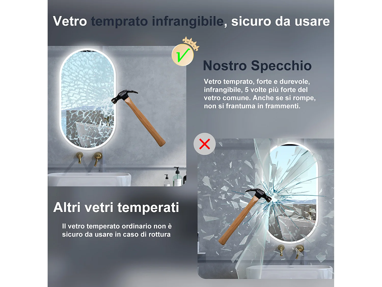 Specchio da bagno Ovale con 50x90cm,Memoria, Antifog,Regorabile,Retroilluminato,doppio interruttore,