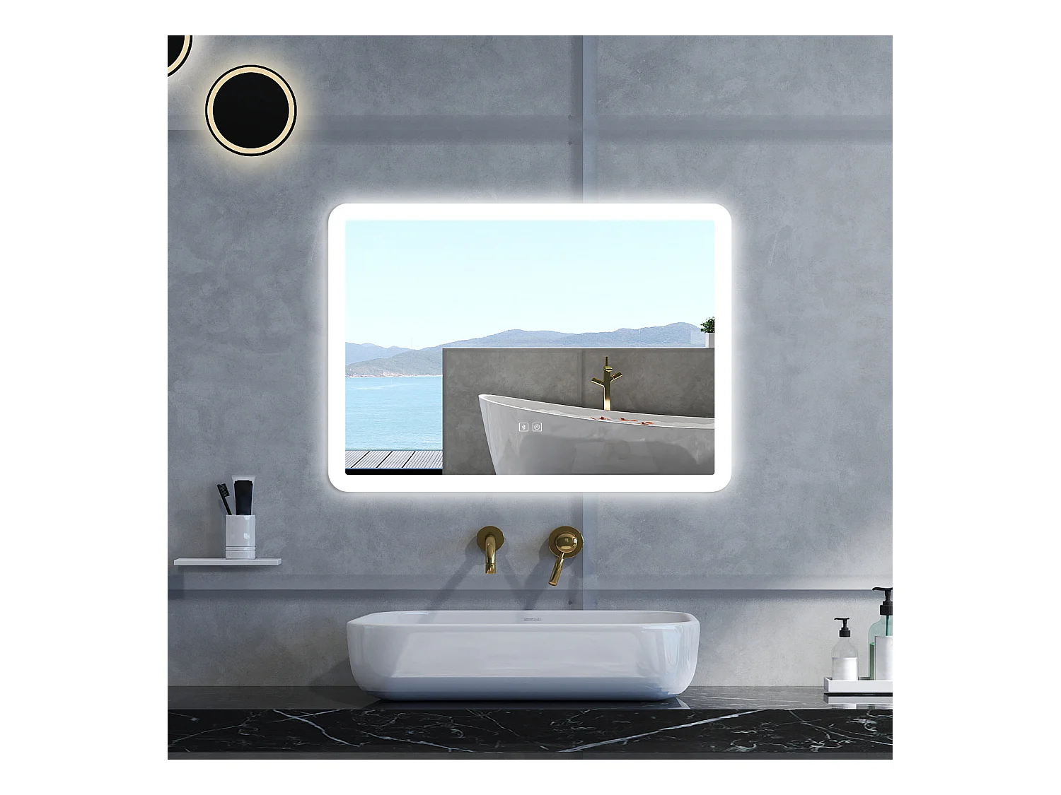 Specchio da bagno Rettangolare con 80x60cm,Blue tooth,3 colori,Memoria, Antifog,Regorabile,Retroilluminato,doppio interruttore,