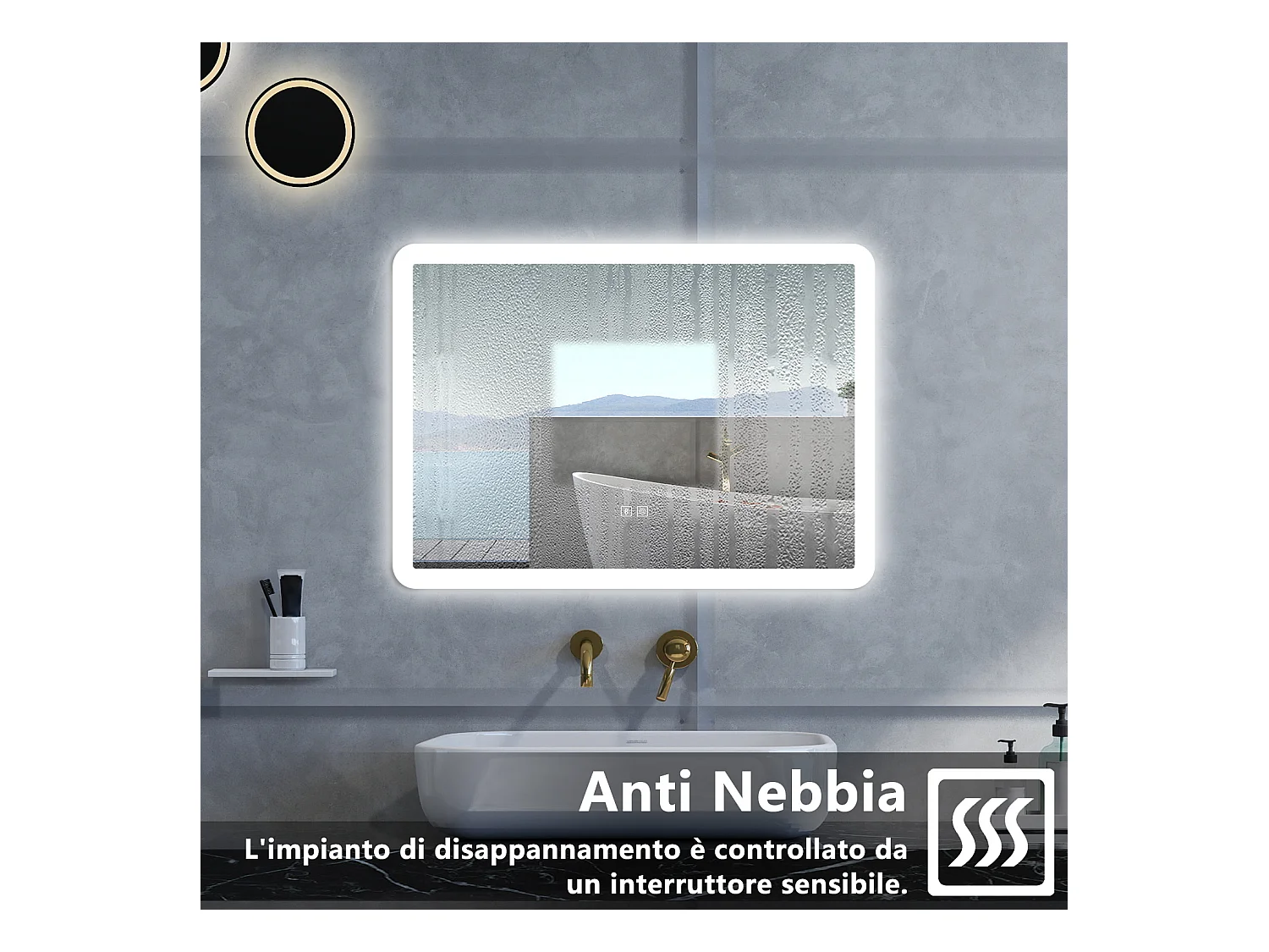 Specchio da bagno Rettangolare con 80x60cm,Blue tooth,3 colori,Memoria, Antifog,Regorabile,Retroilluminato,doppio interruttore,