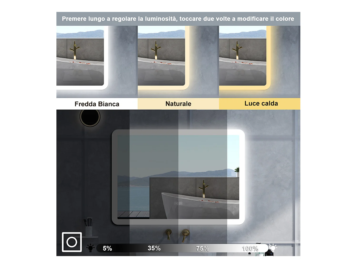 Specchio da bagno Rettangolare con 80x60cm,Blue tooth,3 colori,Memoria, Antifog,Regorabile,Retroilluminato,doppio interruttore,