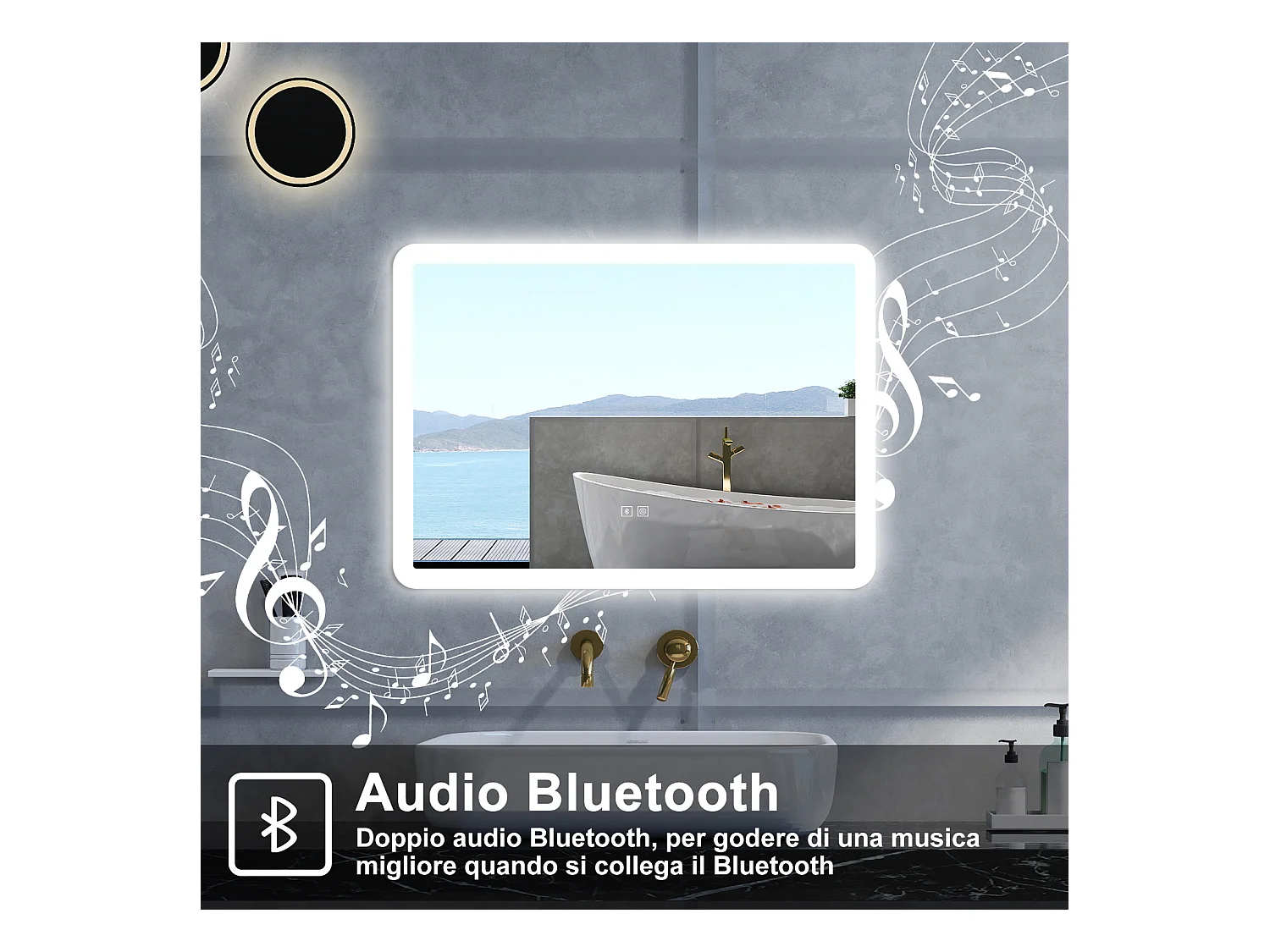 Specchio da bagno Rettangolare con 80x60cm,Blue tooth,3 colori,Memoria, Antifog,Regorabile,Retroilluminato,doppio interruttore,