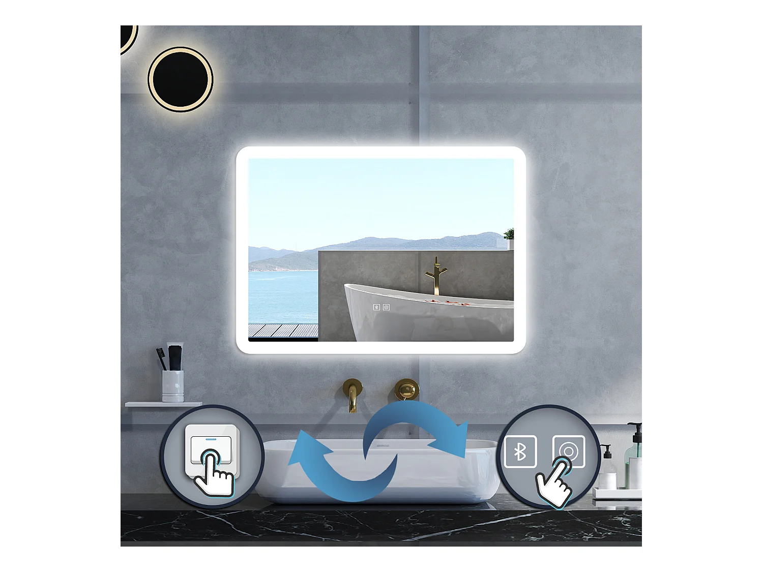 Specchio da bagno Rettangolare con 80x60cm,Blue tooth,3 colori,Memoria, Antifog,Regorabile,Retroilluminato,doppio interruttore,