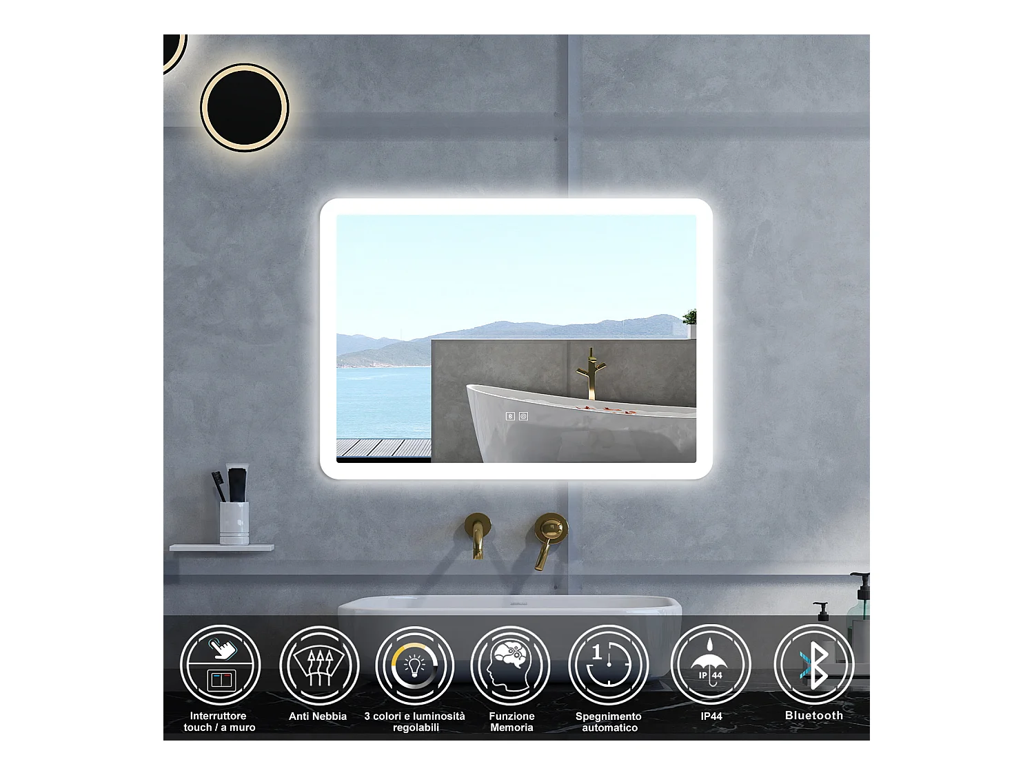 Specchio da bagno Rettangolare con 80x60cm,Blue tooth,3 colori,Memoria, Antifog,Regorabile,Retroilluminato,doppio interruttore,