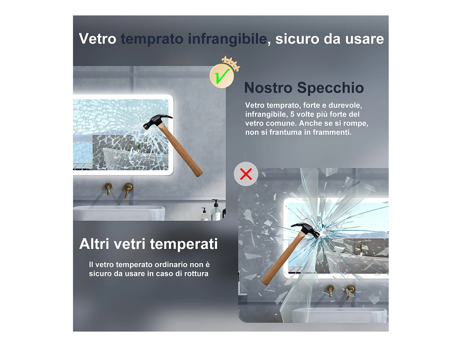 Specchio da bagno Rettangolare con 80x60cm,Blue tooth,3 colori,Memoria, Antifog,Regorabile,Retroilluminato,doppio interruttore,