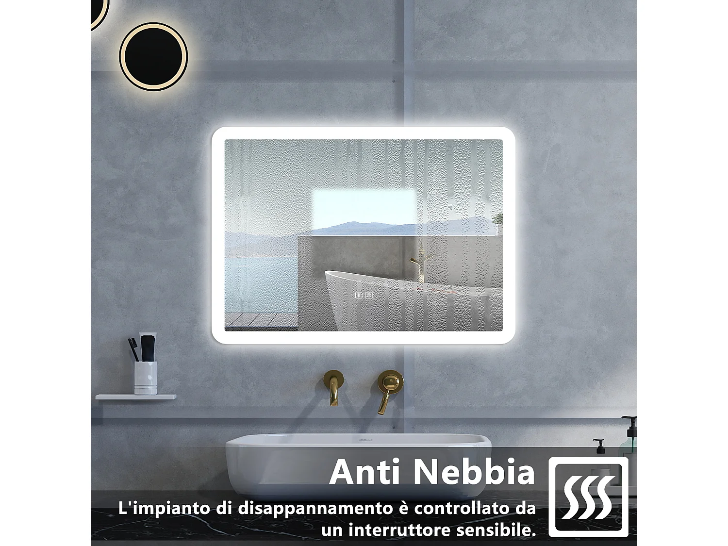 Specchio da bagno Rettangolare con 80x60cm,Blue tooth,3 colori,Memoria, Antifog,Regorabile,Retroilluminato,doppio interruttore,