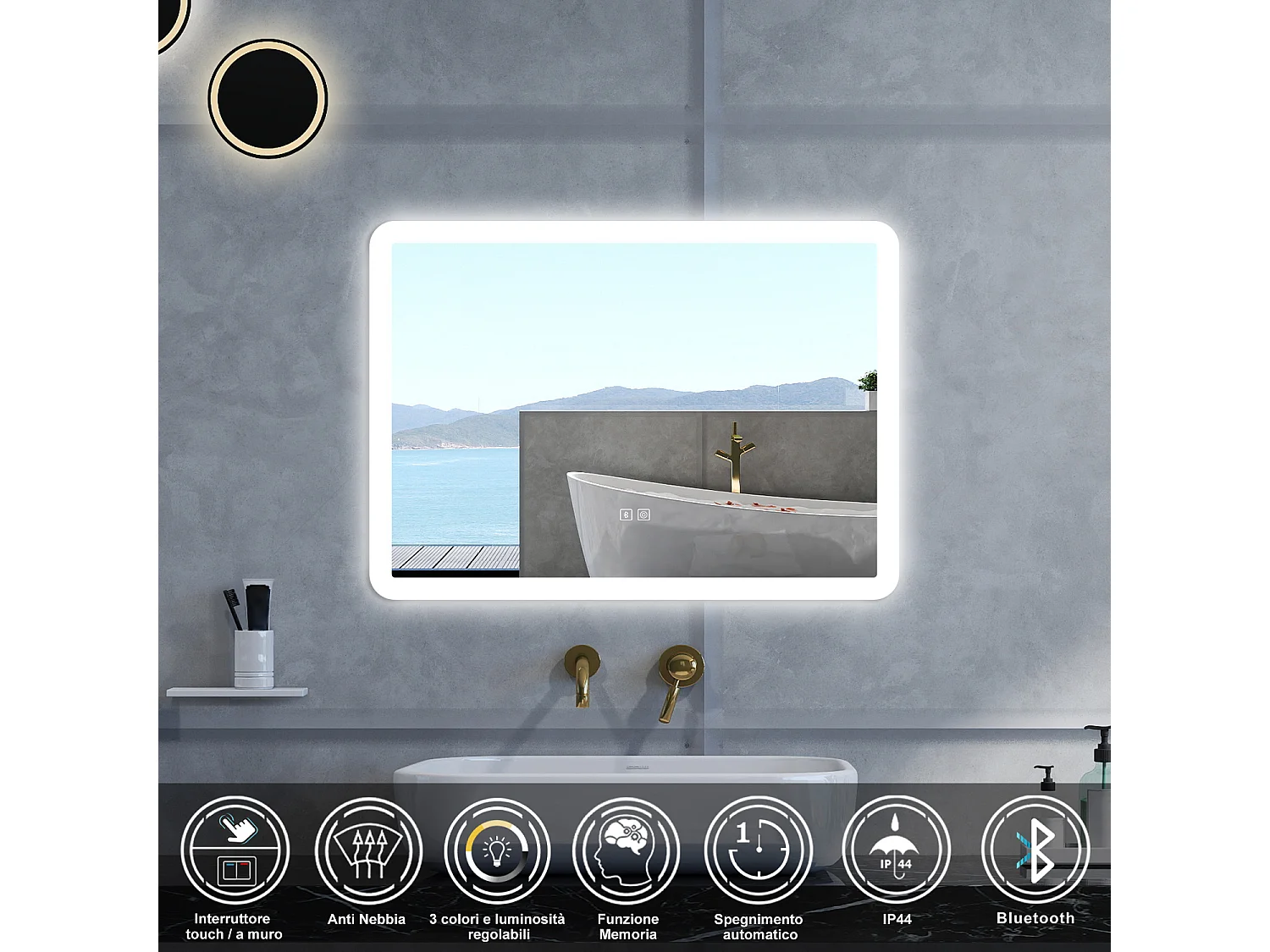 Specchio da bagno Rettangolare con 80x60cm,Blue tooth,3 colori,Memoria, Antifog,Regorabile,Retroilluminato,doppio interruttore,