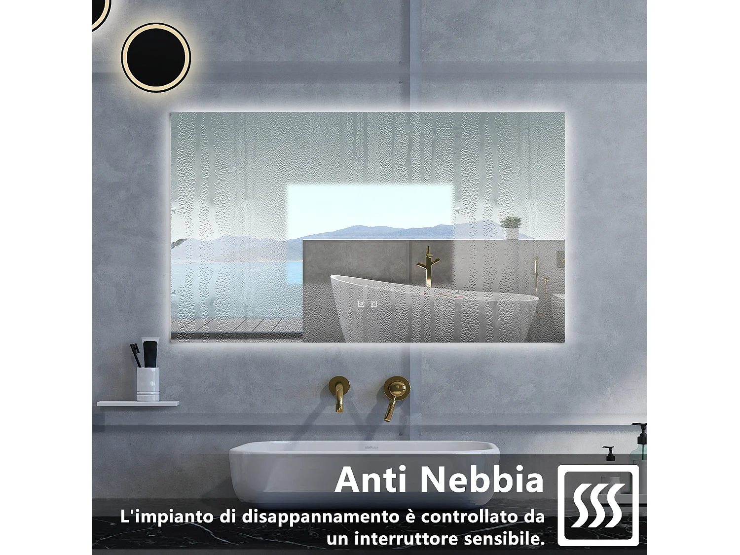 Specchio da bagno Rettangolare con 100x60cm,3 colori,Memoria, Antifog,Regorabile,Retroilluminato,doppio interruttore,