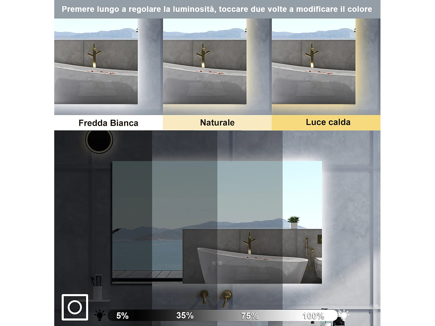 Specchio da bagno Rettangolare con 100x60cm,3 colori,Memoria, Antifog,Regorabile,Retroilluminato,doppio interruttore,