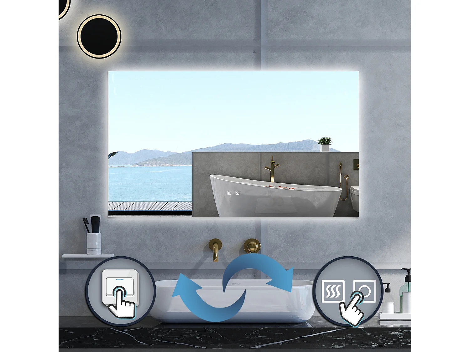 Specchio da bagno Rettangolare con 100x60cm,3 colori,Memoria, Antifog,Regorabile,Retroilluminato,doppio interruttore,