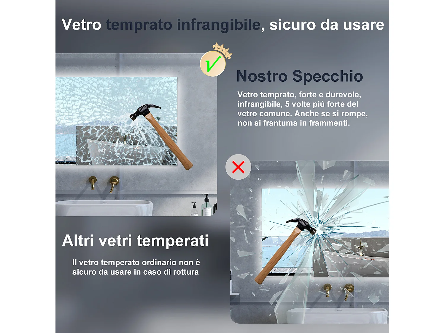 Specchio da bagno Rettangolare con 100x60cm,3 colori,Memoria, Antifog,Regorabile,Retroilluminato,doppio interruttore,