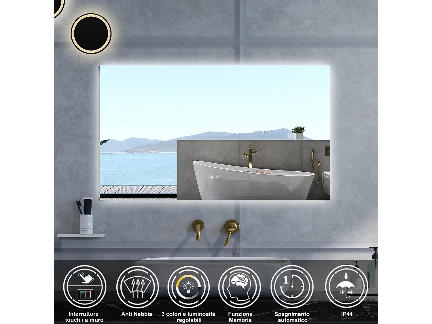 Specchio da bagno Rettangolare con 100x60cm,3 colori,Memoria, Antifog,Regorabile,Retroilluminato,doppio interruttore,