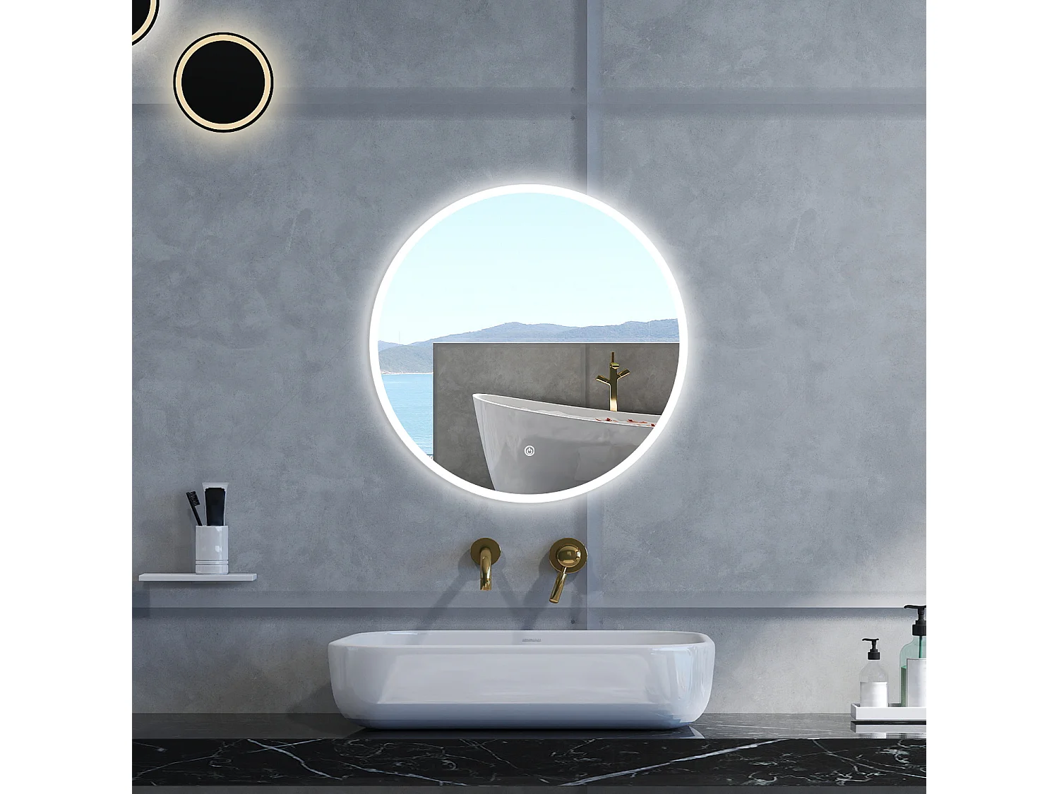Specchio da bagno Rotondo con 60cm,Memoria,Regorabile,Retroilluminato,doppio interruttore,HD temperato
