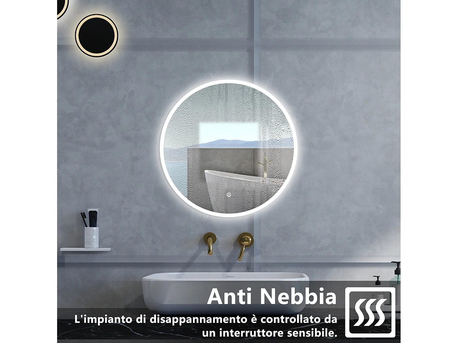 Specchio da bagno Rotondo con 60cm,Memoria,Regorabile,Retroilluminato,doppio interruttore,HD temperato