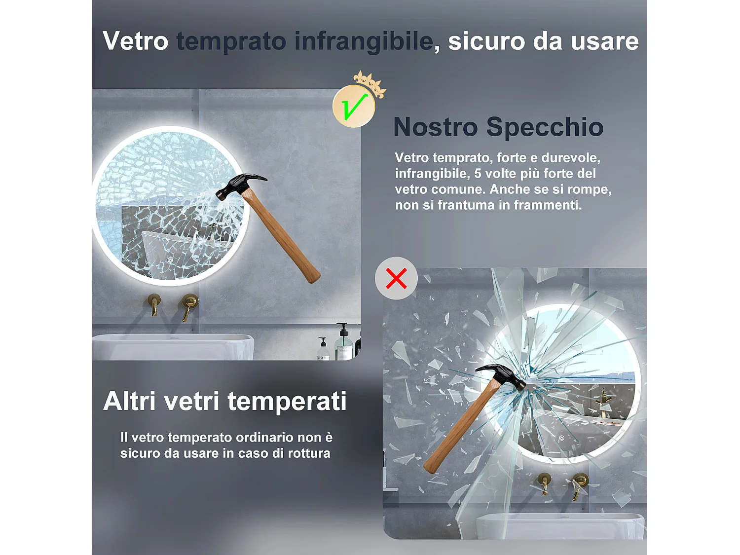 Specchio da bagno Rotondo con 60cm,Memoria,Regorabile,Retroilluminato,doppio interruttore,HD temperato