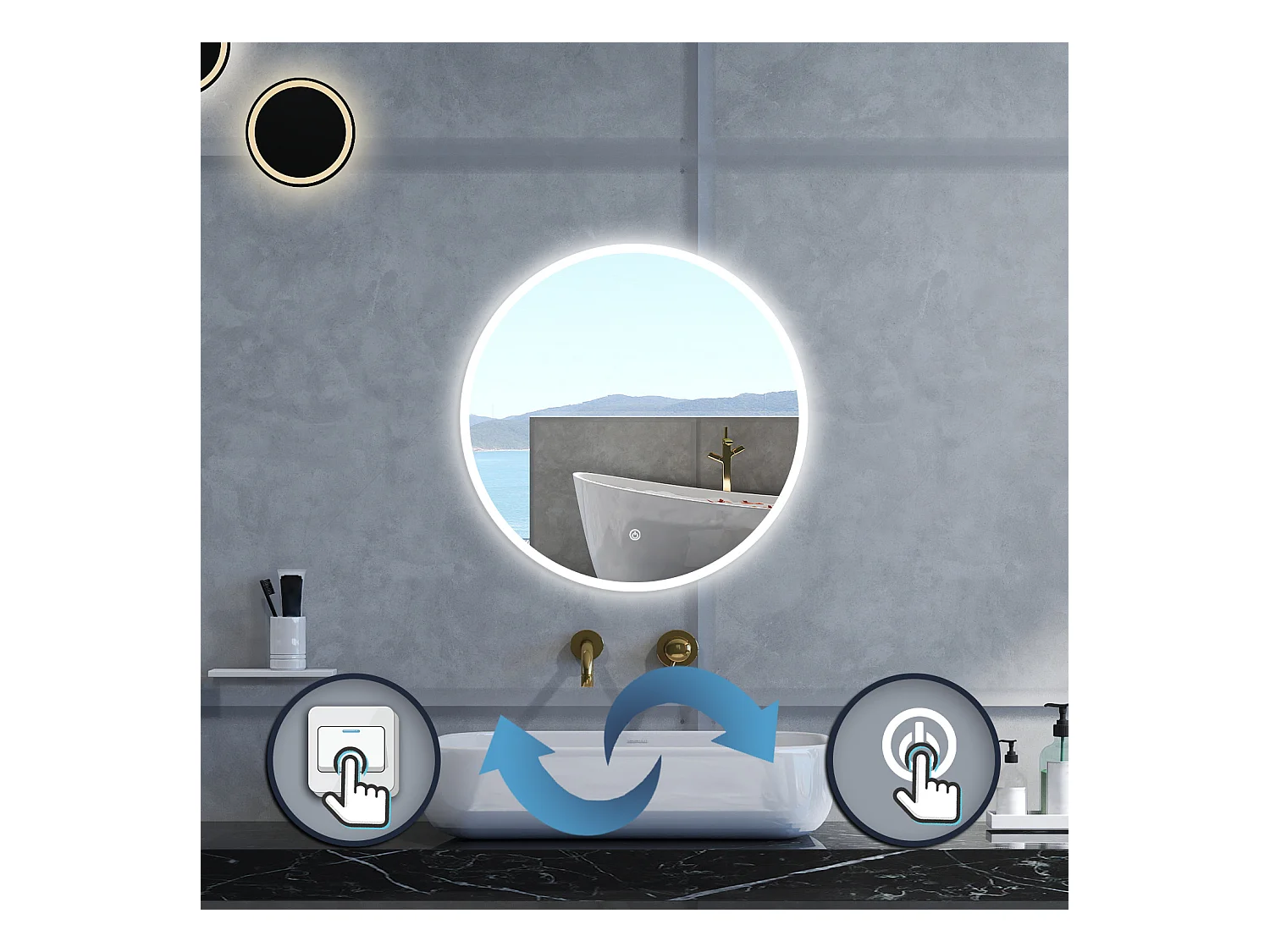 Specchio da bagno Rotondo con 80cm,Memoria, Antifog,Regorabile,Retroilluminato,doppio interruttore,