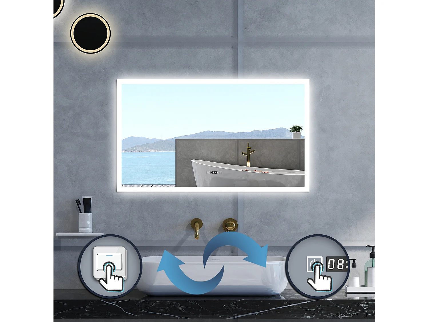 Specchio da bagno Rettangolare con 160x80cm,orologi,3 colori,Memoria, Antifog,Regorabile,Retroilluminato,doppio interruttore,