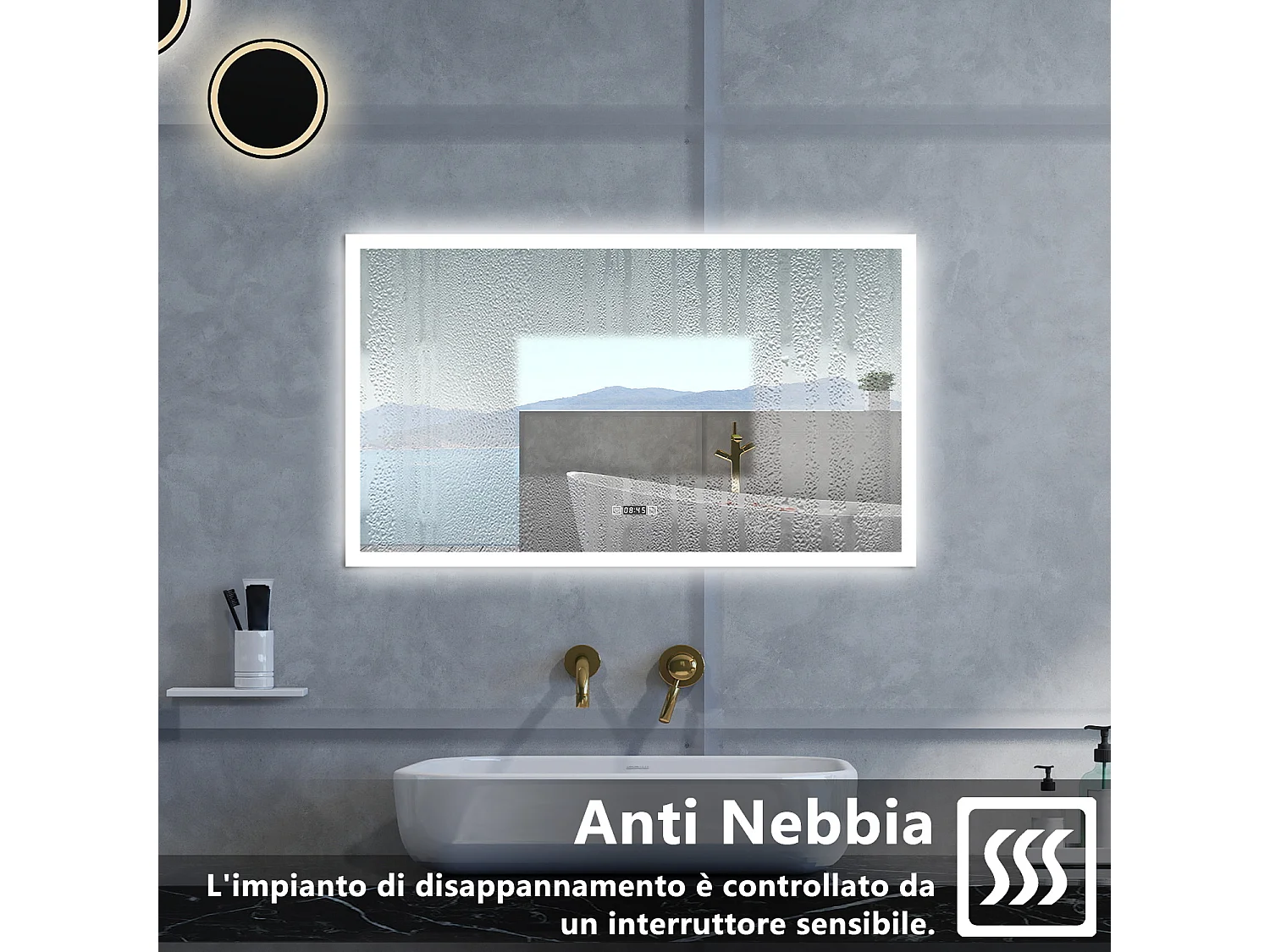 Specchio da bagno Rettangolare con 160x80cm,orologi,3 colori,Memoria, Antifog,Regorabile,Retroilluminato,doppio interruttore,