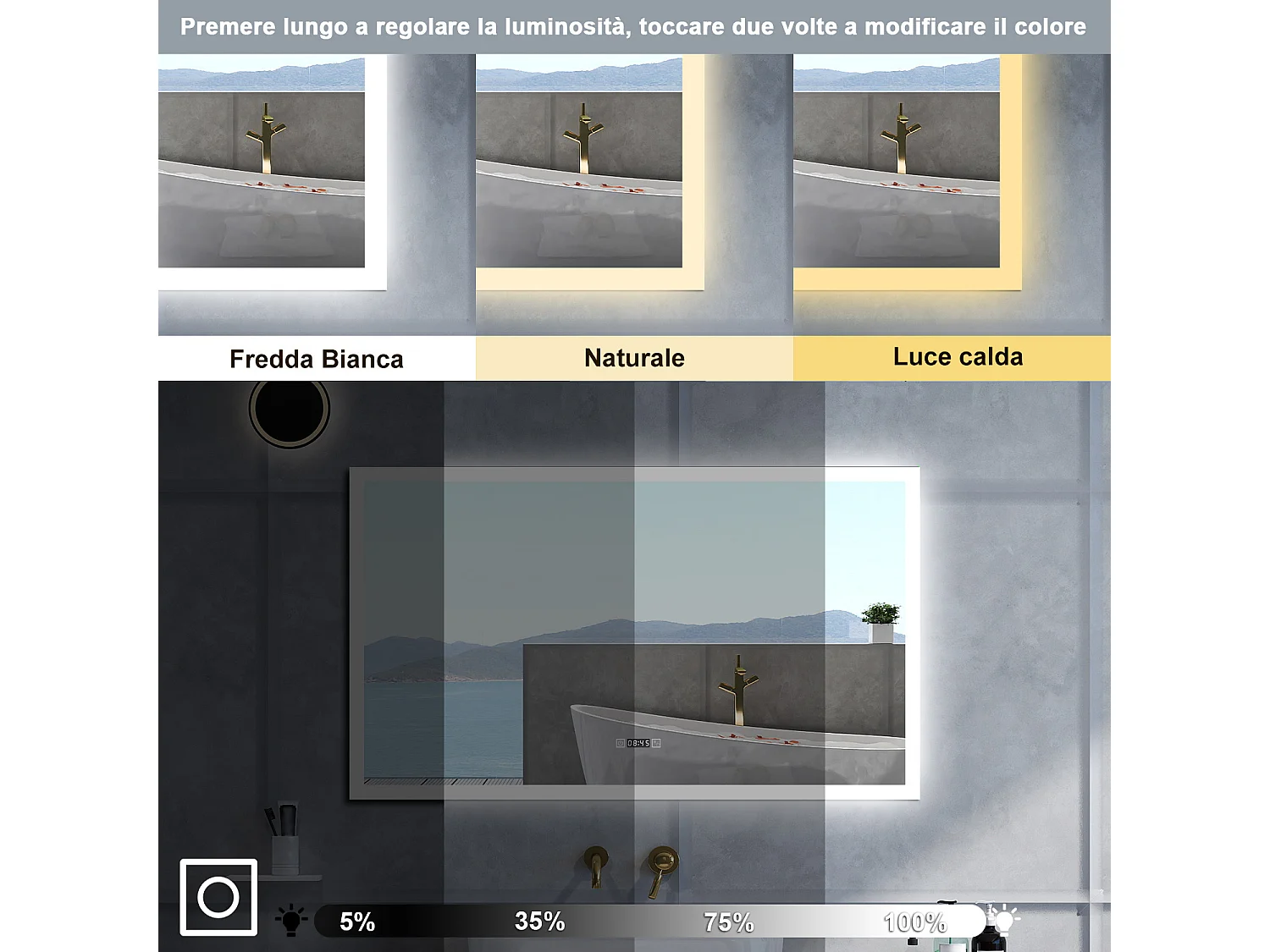 Specchio da bagno Rettangolare con 160x80cm,orologi,3 colori,Memoria, Antifog,Regorabile,Retroilluminato,doppio interruttore,