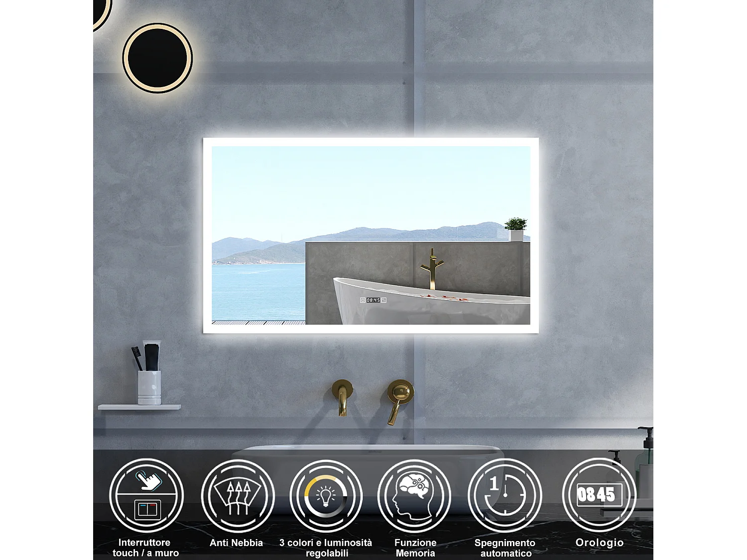Specchio da bagno Rettangolare con 160x80cm,orologi,3 colori,Memoria, Antifog,Regorabile,Retroilluminato,doppio interruttore,