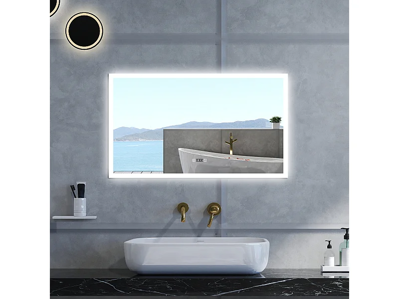 Specchio da bagno Rettangolare con 160x80cm,orologi,3 colori,Memoria, Antifog,Regorabile,Retroilluminato,doppio interruttore,