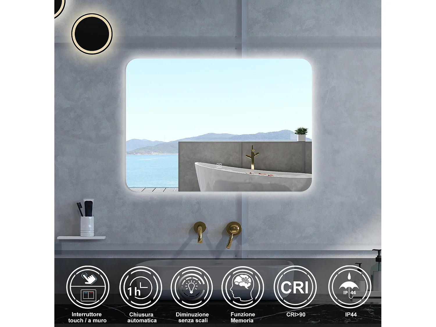 Specchio da bagno Rettangolare con 100x60cm,Memoria,Regorabile,Retroilluminato,doppio interruttore,HD temperato