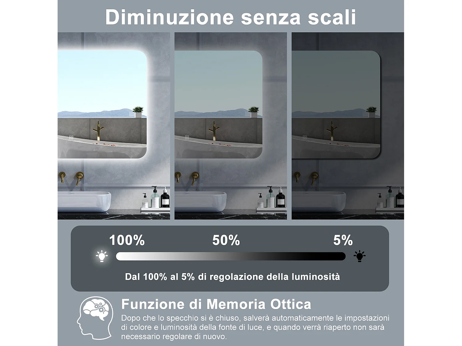 Specchio da bagno Rettangolare con 100x60cm,Memoria,Regorabile,Retroilluminato,doppio interruttore,HD temperato