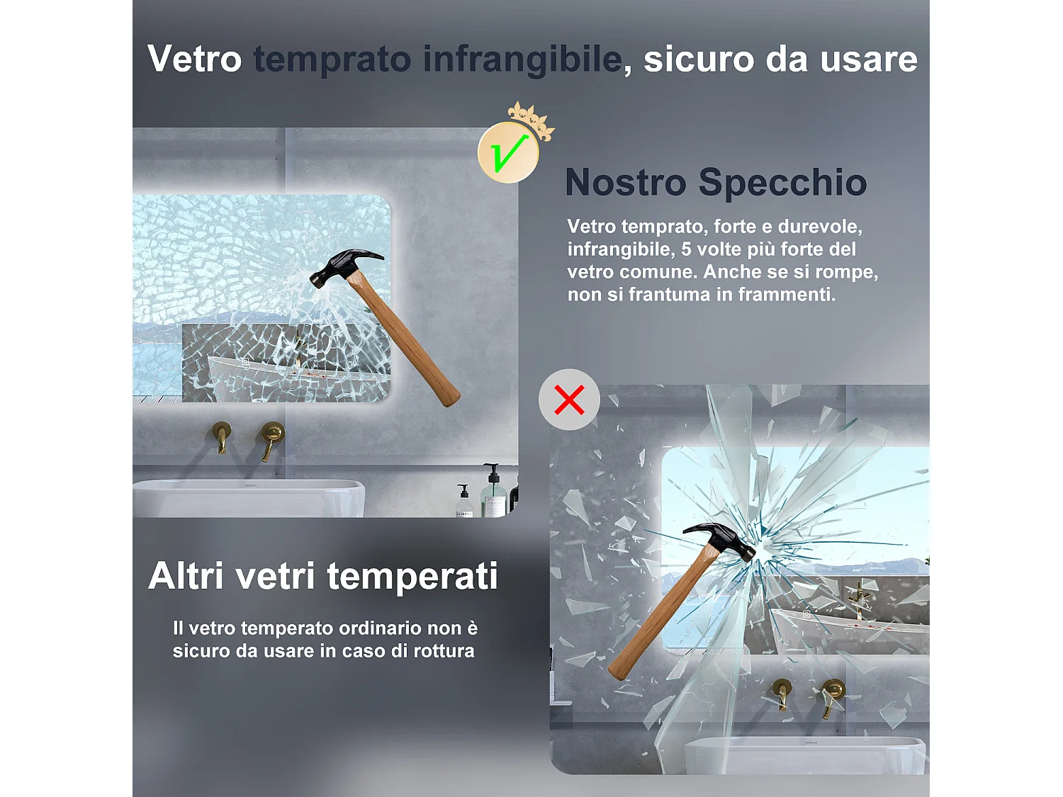 Specchio da bagno Rettangolare con 100x60cm,Memoria,Regorabile,Retroilluminato,doppio interruttore,HD temperato