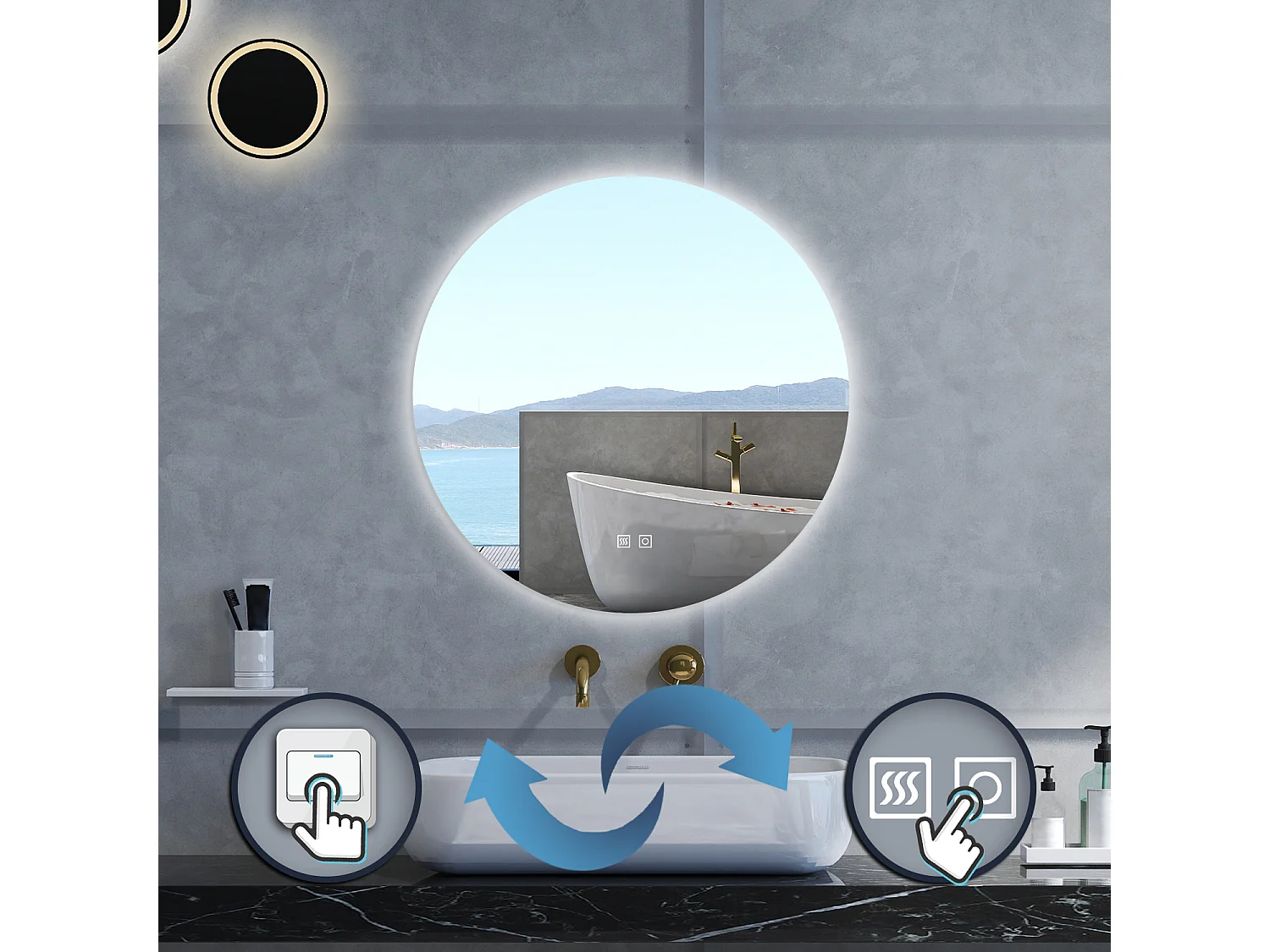 Specchio da bagno Rotondo con 90cm,3 colori,Memoria, Antifog,Regorabile,Retroilluminato,doppio interruttore,