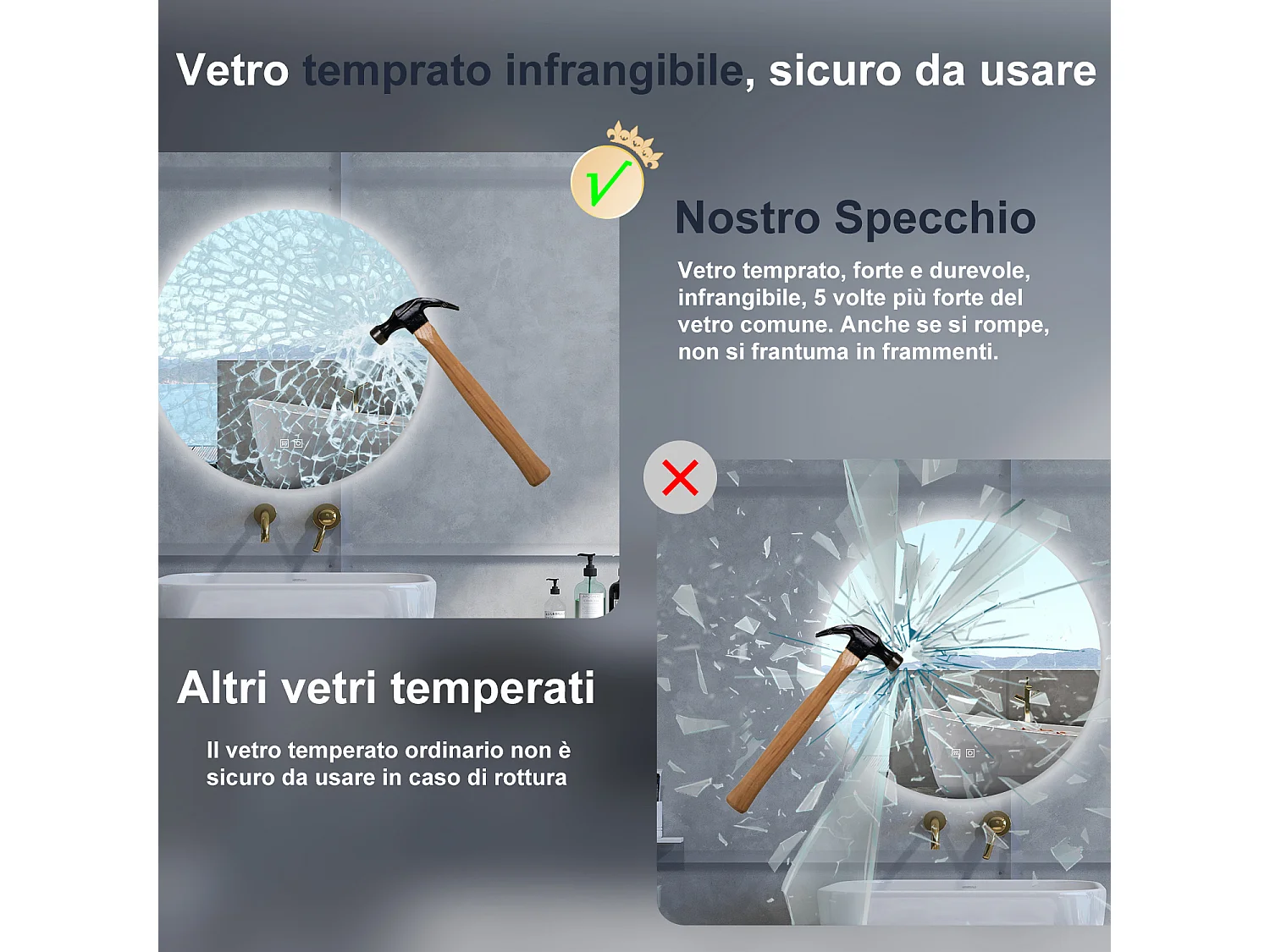 Specchio da bagno Rotondo con 90cm,3 colori,Memoria, Antifog,Regorabile,Retroilluminato,doppio interruttore,